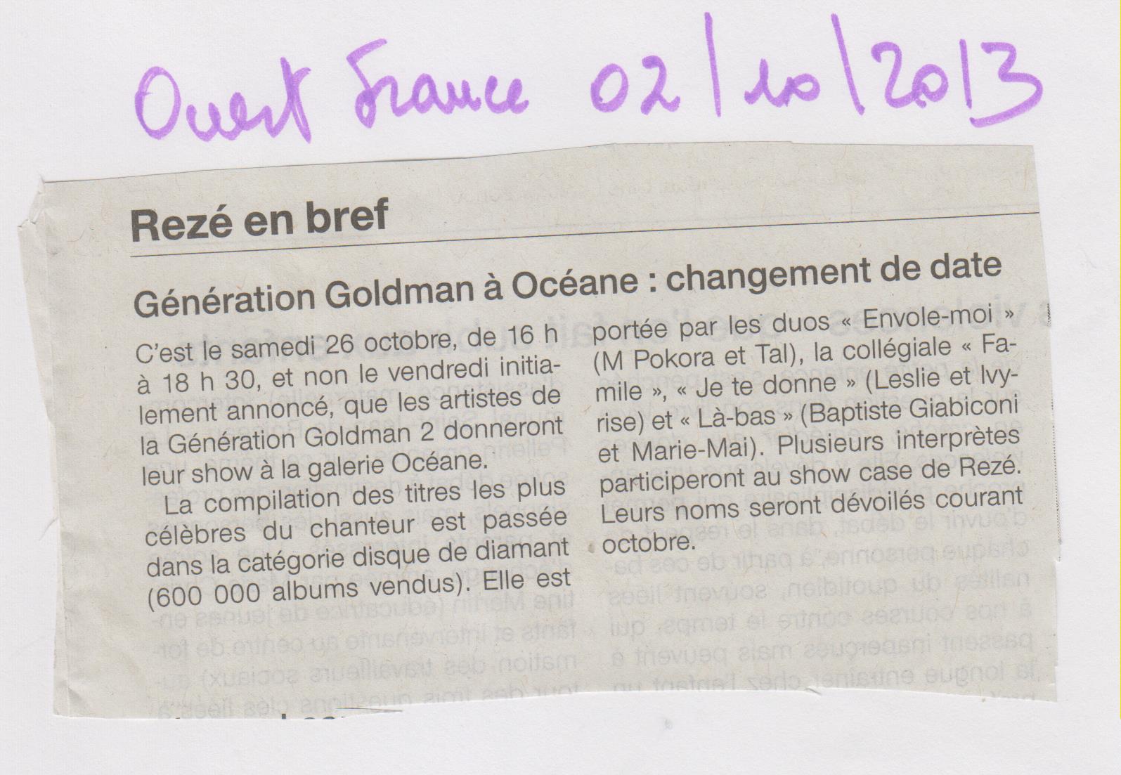 02.10.2013 - OUEST FRANCE - GENRATION GOLDMAN
