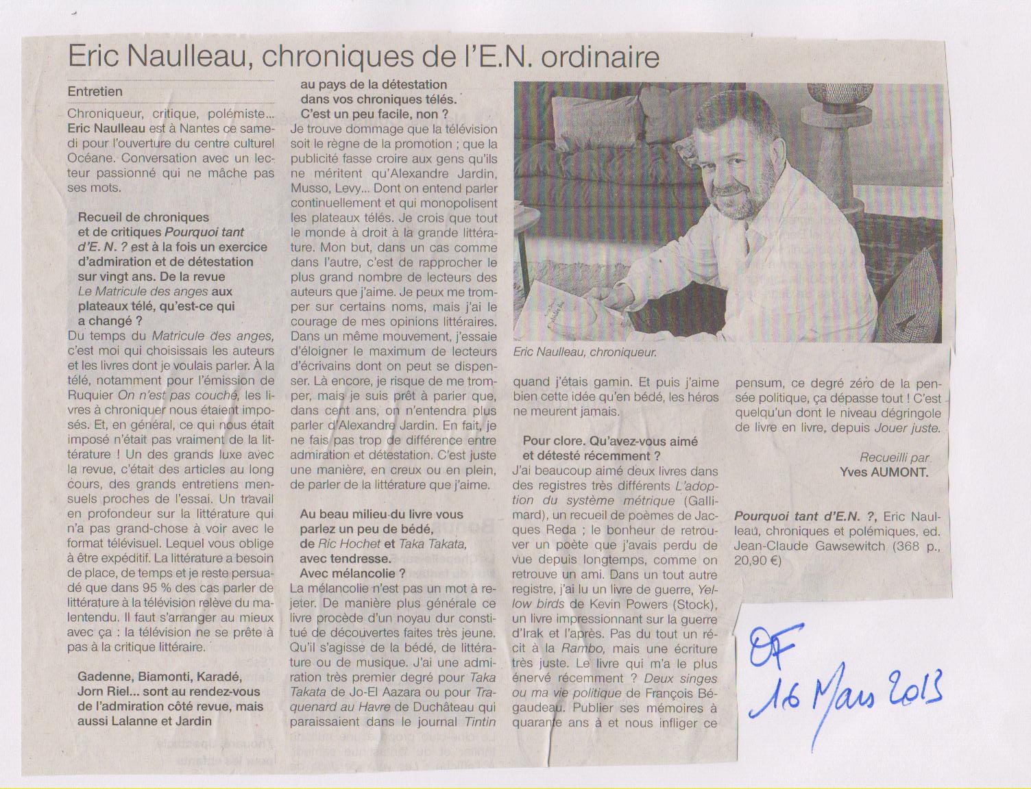 16-03-2013 OUEST FRANCE ERIC NAULLEAU