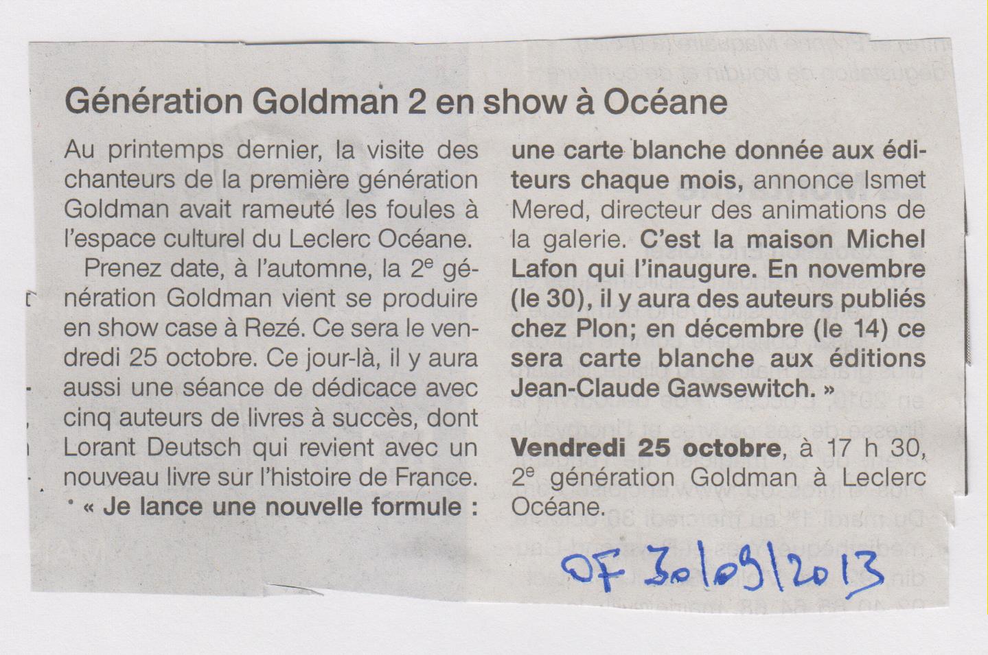 OUEST FRANCE - 30.09.2013 - GENERATION GOLDMAN 2